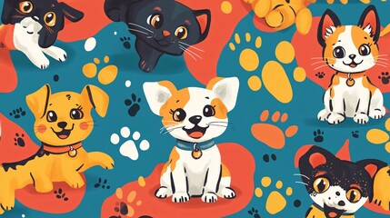 Pattern of cute kittens and puppies with paw prints and bones on a colorful background