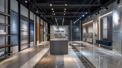 Obraz premium Wide shot of a tile showroom with tiled walls and flooring displays. 
