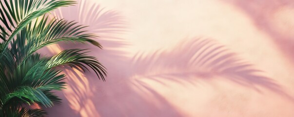 Tropical palm leaves casting shadows against pink