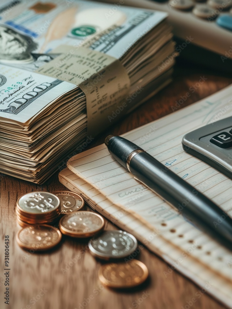 Fototapete a stack of cash and coins lies next to an open notebook filled with notes and calculations, creating
