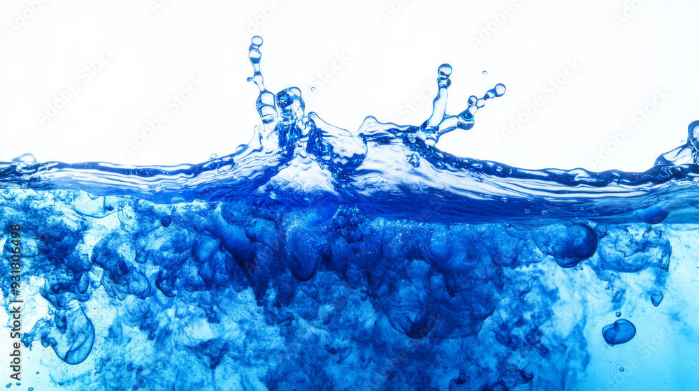 Poster close-up of a blue-colored drop in water, capturing the abstract motion of watercolor ink splashing.