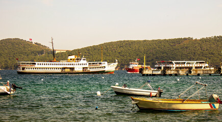 Fototapeta premium view of forested island and boats in the bay of burgazada island, prince islands, adalar, istanbul