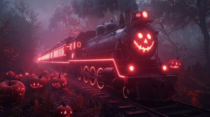Ghostly Neon Express: Spooky Haunted Train Gliding Through Eerie Night, Illuminated Windows, Halloween Time Travel Adventure, Generative Ai
