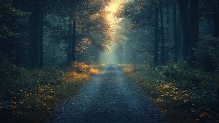 Obraz premium Sunrise filtering through a misty forest path in autumn with golden rays illuminating the foggy landscape