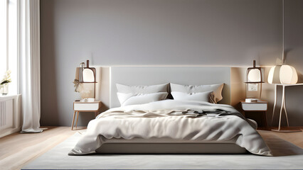 Bedroom interior mock-up with a king-sized bed, white linens, and bedside tables with lamps, 3D render.