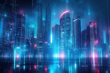A futuristic 3D city skyline at night, featuring holographic displays connections glowing on skyscrapers. Modern metropolises with big data shine in blue and pink tones.