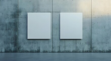 Set of two blank white poster mockup canvas on the wall, concrete background, minimalistic, hyper realistic