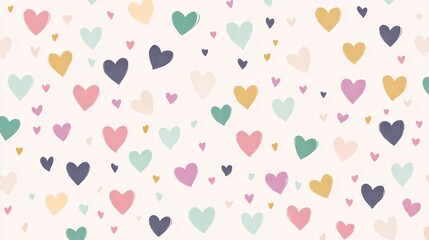 Pattern of tiny hearts in various pastel colors on a light background