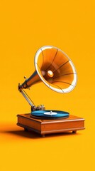 A vintage gramophone with a bright yellow background, showcasing its classic design and nostalgic charm.