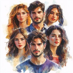 Fototapeta premium Vibrant Watercolor Illustration Capturing Group of People in Varied Poses and Expressions