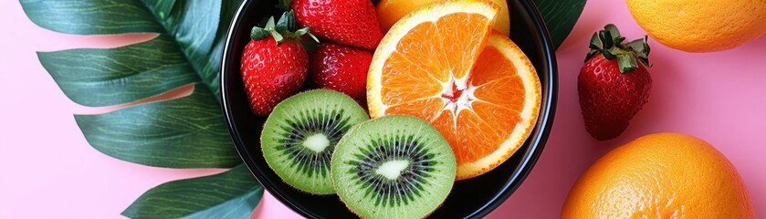 Fresh and Vibrant Fruit Bowl with Strawberries, Oranges, and Kiwi on a Pink Background with Green Leaf Accents