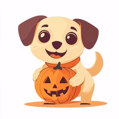 Obraz premium Cheerful Flat Illustration of a Dog Holding a Halloween Pumpkin in Modern Cartoon Style