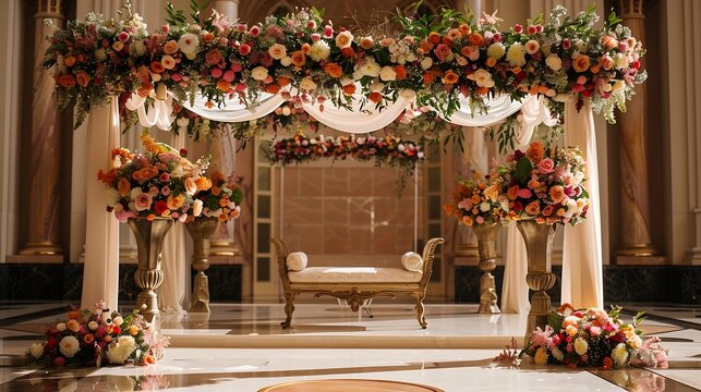 Jewish bride wedding chair chuppah at wedding day ceremony Bouquets Flowers and vases with chaise lounge : Generative AI