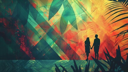Fototapeta premium A minimalist depiction of the garden at sunset, featuring soft colors and silhouettes of Adam and Eve reflecting on their surroundings. The illustration beautifully captures the essence of creation 
