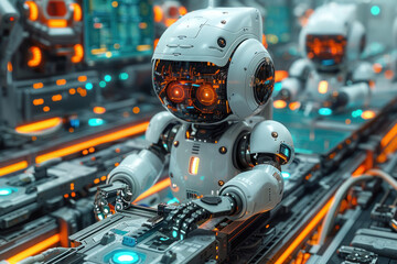 Fototapeta premium Humanoid AI robots guarantee product quality