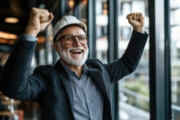 Cheerful construction worker celebrating success during a bright Labor Day