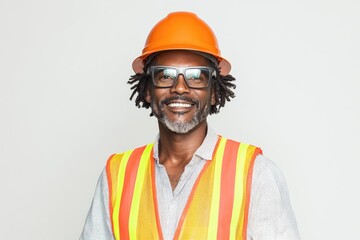 A cheerful construction worker in a hard hat and reflective vest celebrates Labor Day with a bright smile against a plain background