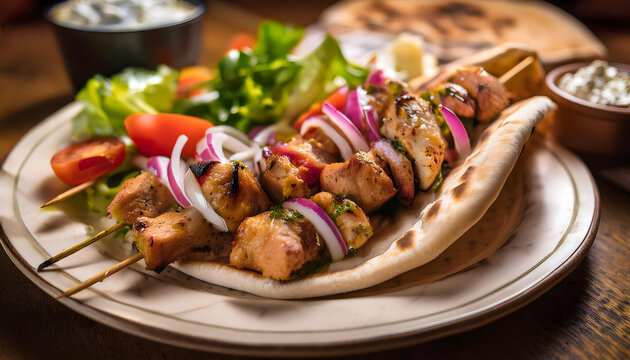 skewer, pita, lamb, kebab, fleisch, mahl, essen, griechisch, close up, neu, joghurt, suflaki, grill, brot, tzaziki, salat, griechenland, grieche, modern, photo, Makro, 3d, gastro, lunch, ad