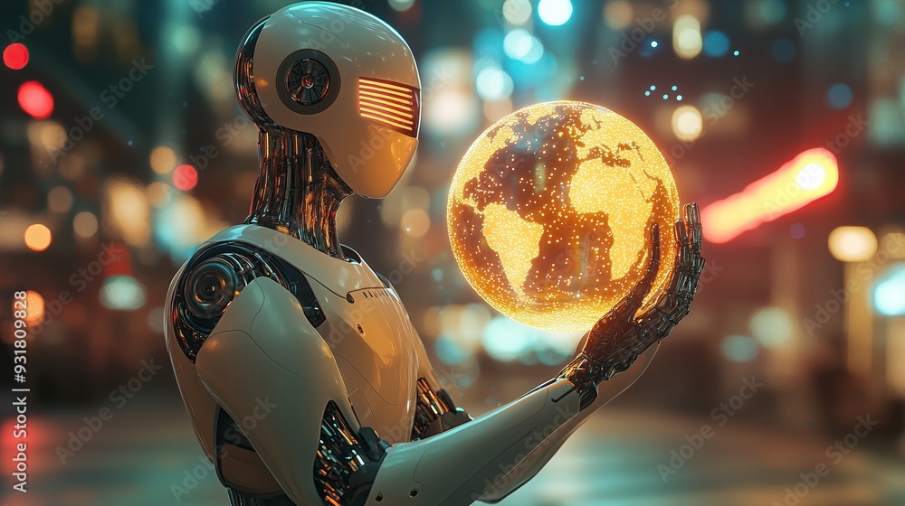 Poster a sophisticated ai robot holds an illuminated globe