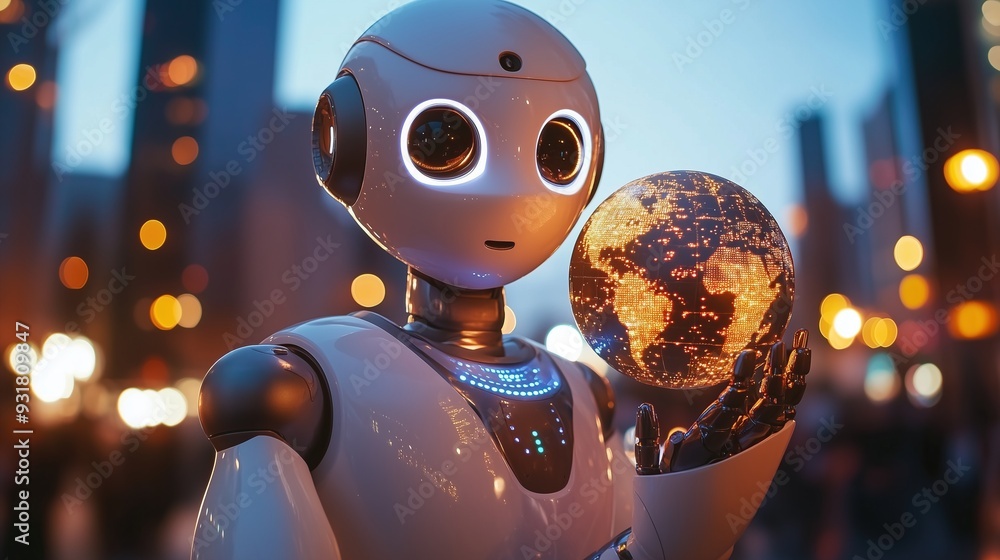 Poster a sophisticated ai robot holds an illuminated globe