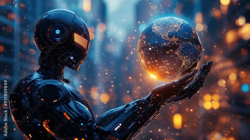 Poster a sophisticated ai robot holds an illuminated globe