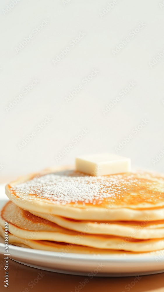 Poster closeup of a stack of pancakes with powdered sugar and butter on top