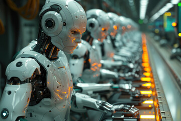 Fototapeta premium Humanoid robots assembling components in a factory