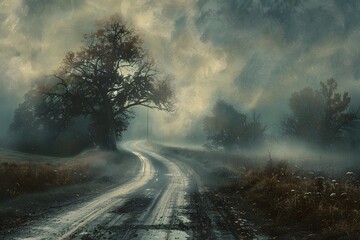 Serene Misty Road Through a Foggy Landscape