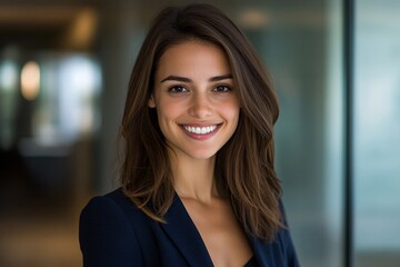 Fototapeta premium Smiling Businesswoman with Long Brown Hair in Professional Attire
