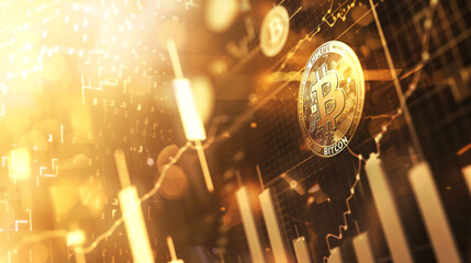 A glowing B is displayed on a screen with a currency graph background. Concept of technology and innovation, as the B represents a digital currency like Bitcoin. 
