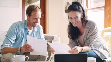 Couple, smile and review with documents at house for tablet, financial planning and debt payment of mortgage. Man, woman and paperwork for budget savings, property insurance and asset management