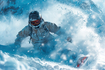 Snowboarder carving fresh powder slope