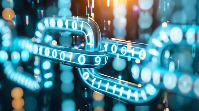 Digital blue blockchain with binary code representing data security and cryptocurrency technology in a futuristic setting.