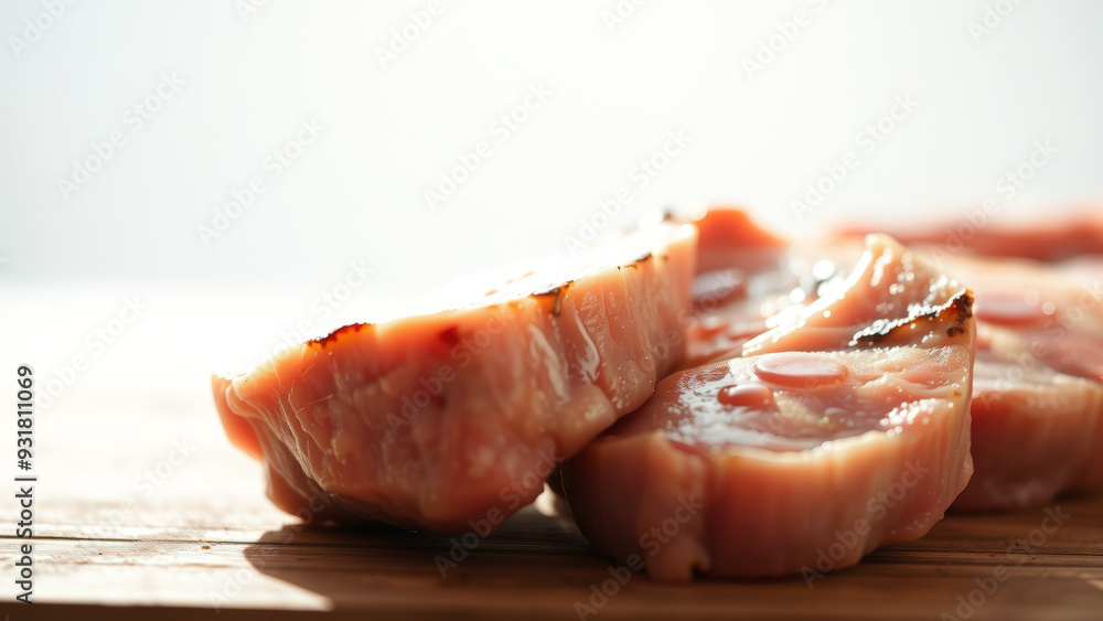 Wall mural close up of fresh raw fish slices on wooden cutting board