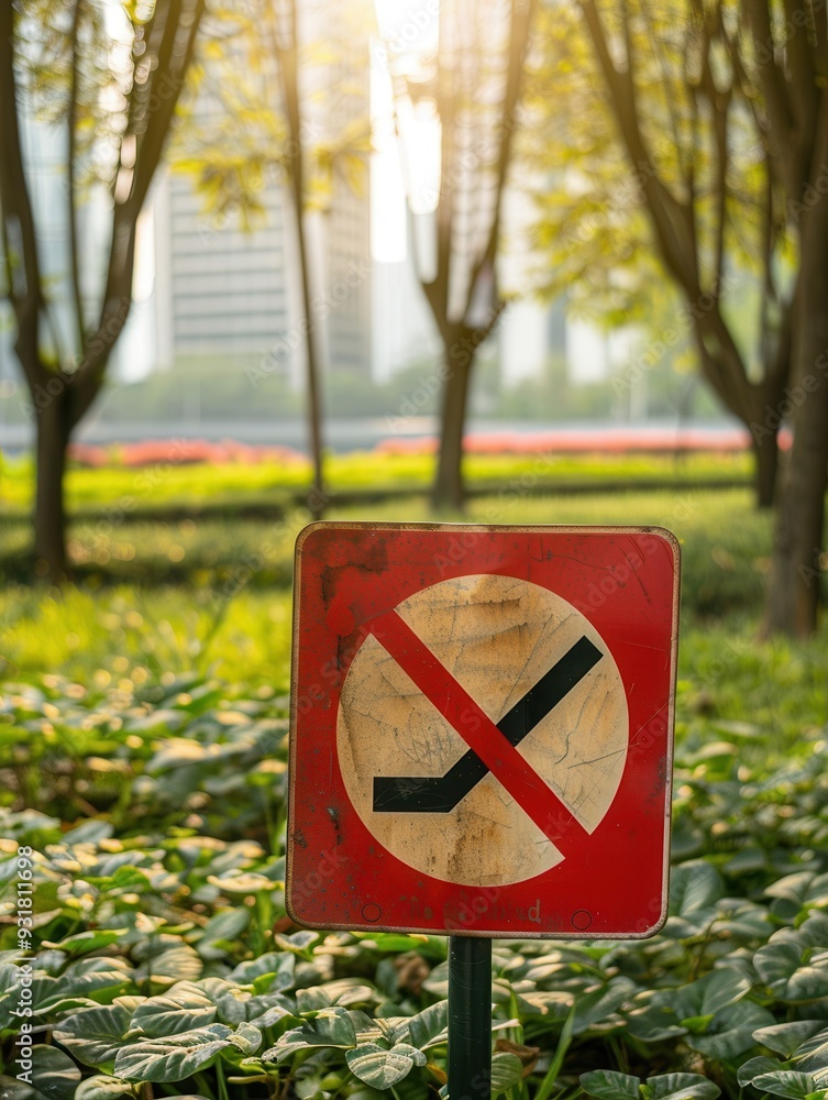Poster a red no smoking sign stands in a lush park, illuminated by the warm light of evening sun, with tree