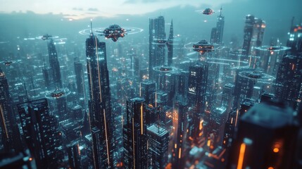 Fototapeta premium a sprawling metropolis where sleek skyscrapers have integrated vertical gardens, and the streets are lined with glowing, translucent walkways.. 