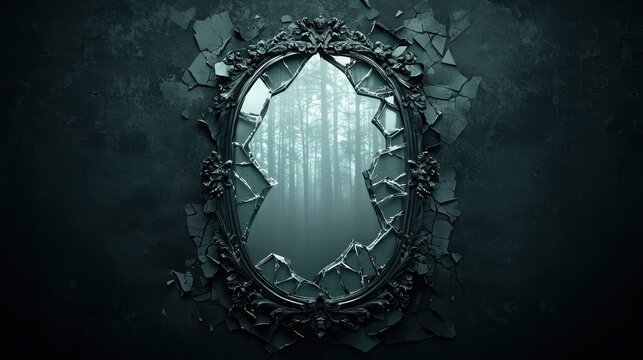 Eerie Gothic Mirror with Cracked Glass and Dark Reflection in Watercolor Style, Generative Ai