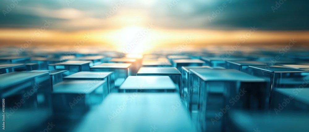 Poster a captivating view of reflective cubes at sunrise, creating a serene and tranquil atmosphere with a 
