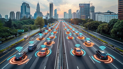 Futuristic cityscape with smart autonomous traffic