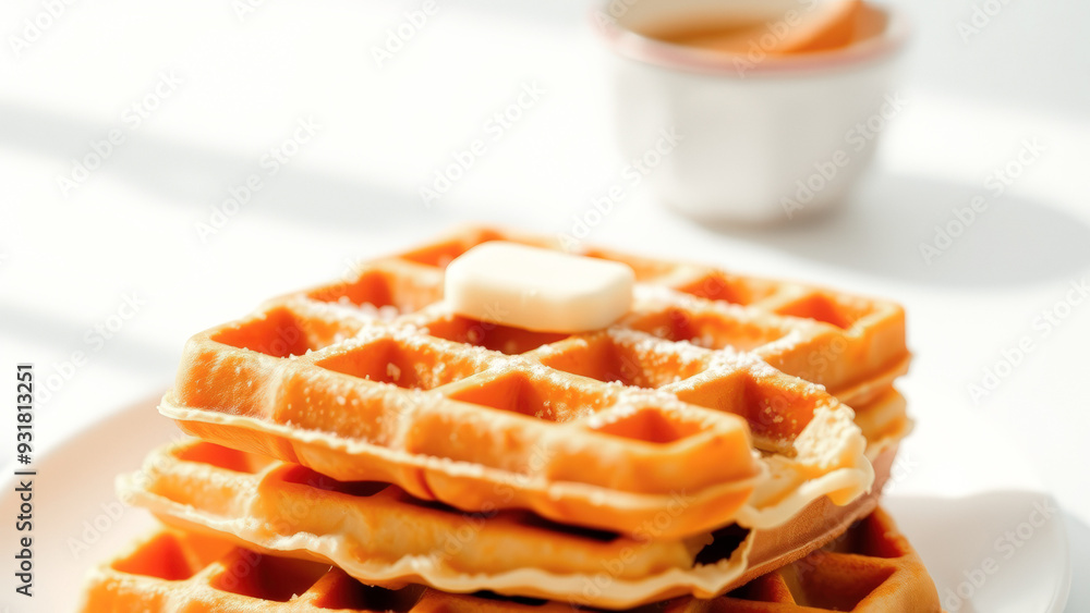 Sticker Close-up of a stack of waffles with butter and powdered sugar on a white background