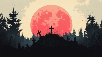 Moonlit Grave in Eerie Silence - Watercolor Illustration of Freshly Dug Graveyard at Night., Generative Ai