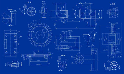 Vector engineering drawing of a steel mechanical 
parts with through holes. 
Industrial cad scheme on white paper sheets. 
Technology background.