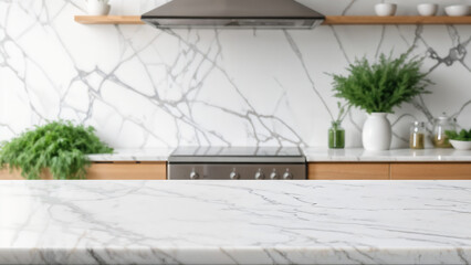 Empty white marble table with minmal white blurred kitchen background for product mockup