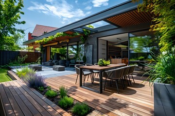 Fototapeta premium Modern Outdoor Living Space with Elegant Design and Lush Greenery