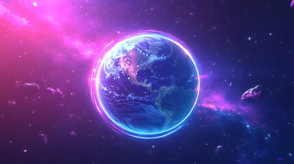 Obraz premium A futuristic Earth floating in space, surrounded by glowing energy rings, gradient background shifting from deep blue to vibrant purple, intricate details in the continents and oceans, lighting is