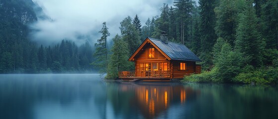 Obraz premium Cozy lakeside cabin surrounded by lush forest, misty morning ambiance