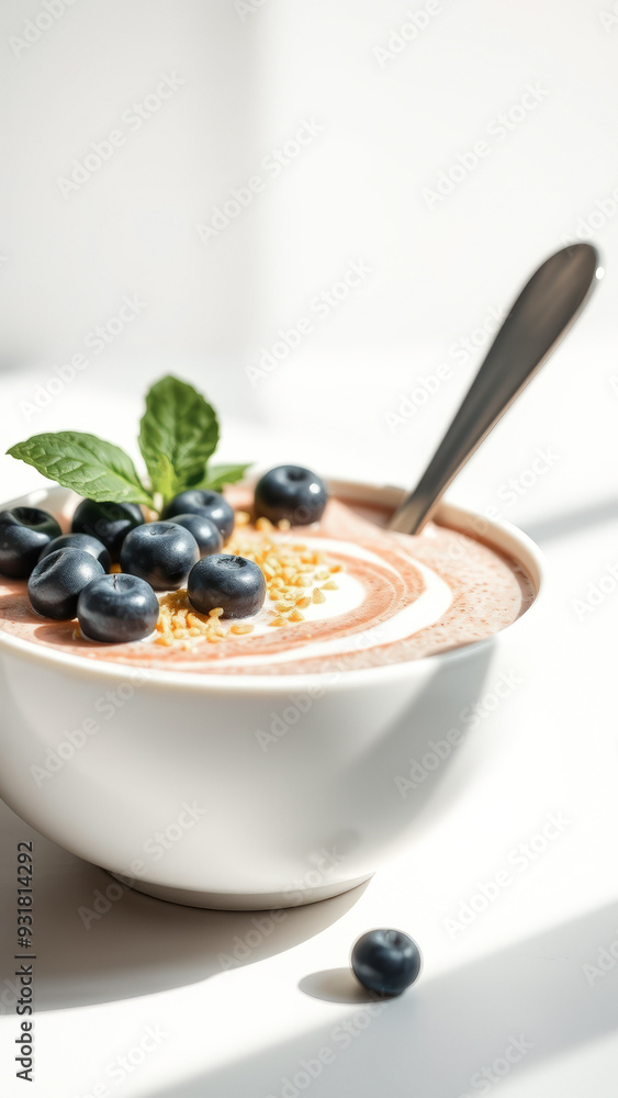 Canvas Prints Close-up of a Bowl of Yogurt with Blueberries and Mint