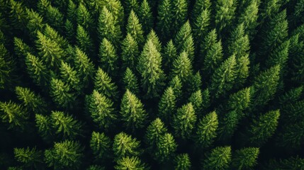Aerial view of lush evergreen forest with tall trees densely packed, showcasing vibrant green foliage and natural beauty.