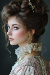 Fototapeta premium An elegant lady with an intricate updo hairstyle and vintage attire poses gracefully against a soft backdrop