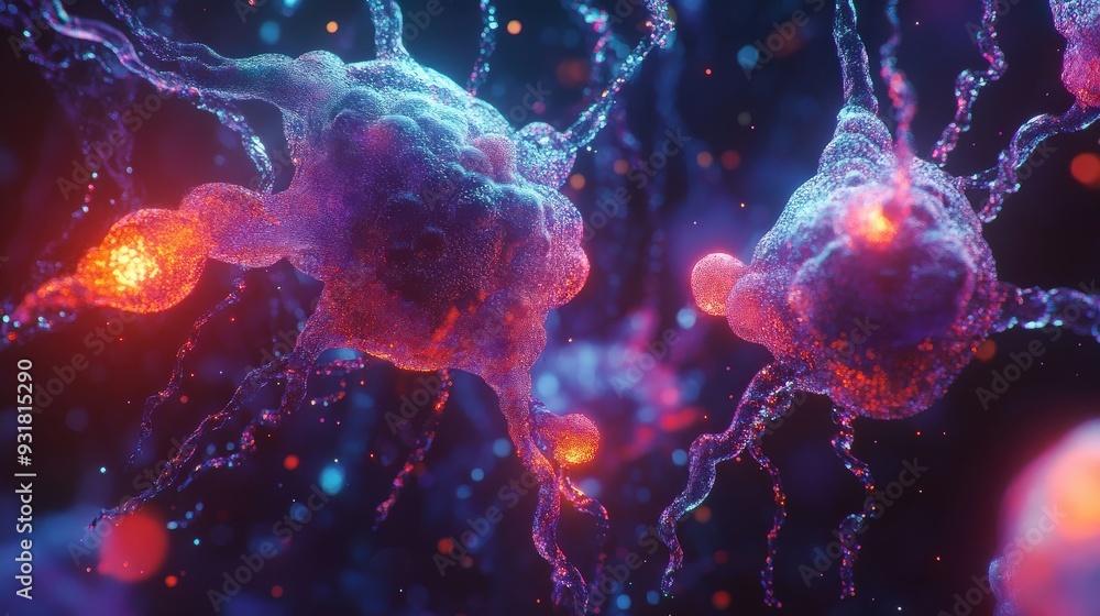 Poster synaptic vesicles are releasing neurotransmitters, showcasing dynamic activity between neurons in a 